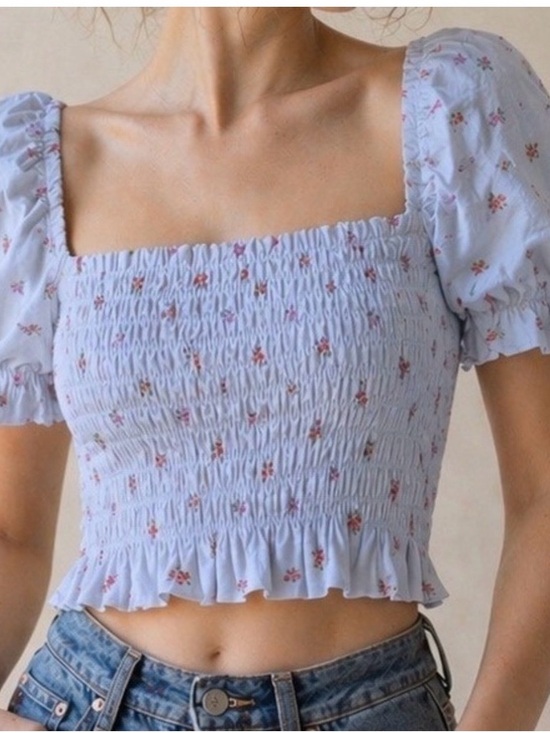 Altar'd State Tops - Altar'd State Light Blue Floral Smocked Crop Top
